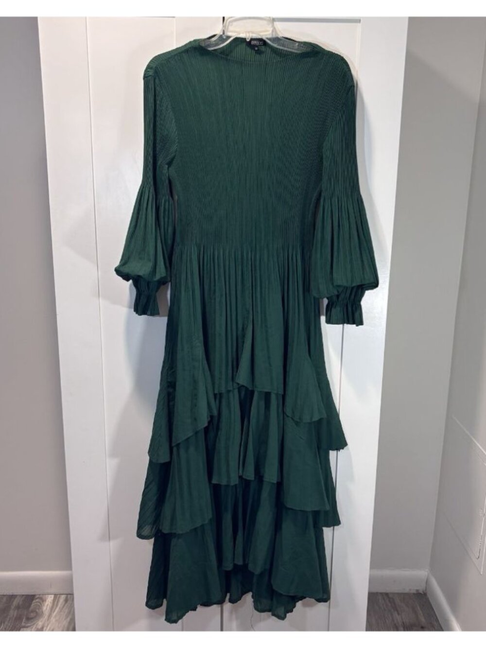 Veeca Midi Dress Gown Emerald Green Tiered Ruffled Womens XS Wedding Party Event